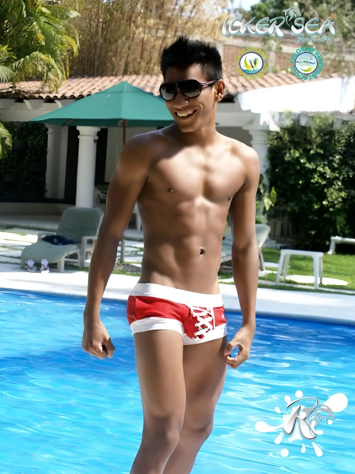 Icker Sea Legs red and white swim trunks with lace-up front design and square cut pouch for swimwear use