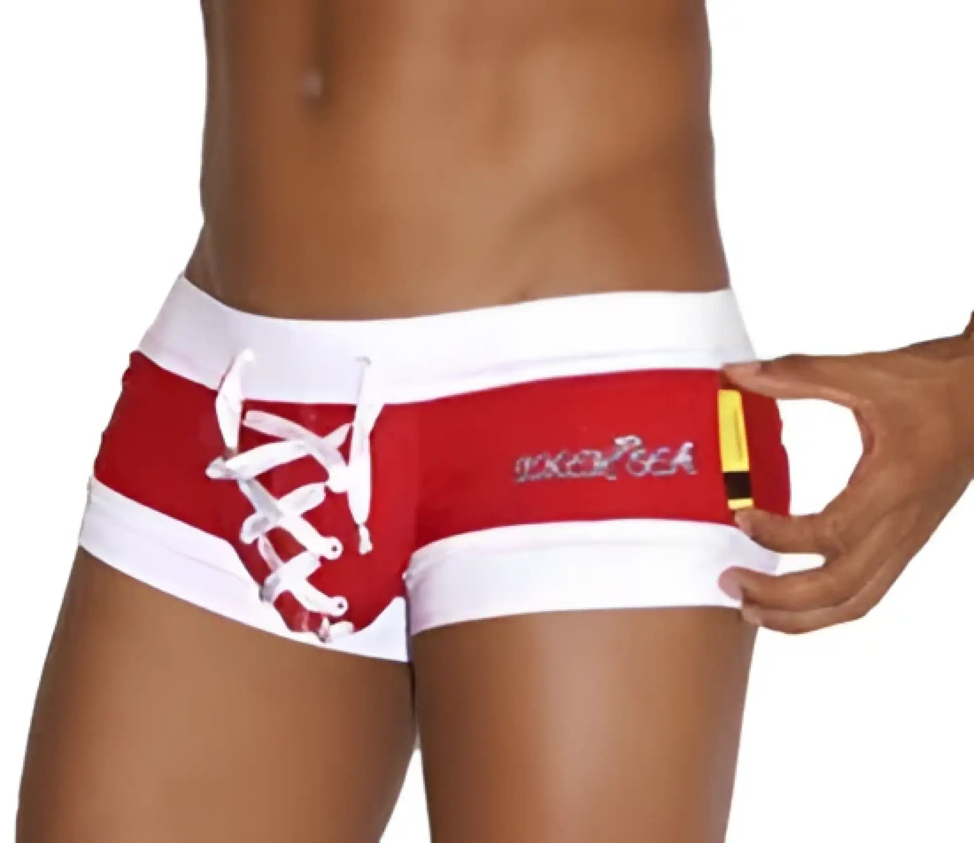 Red and white lace-up swim trunks with coca-cola logo on side from icker sea legs square cut COB-13-45