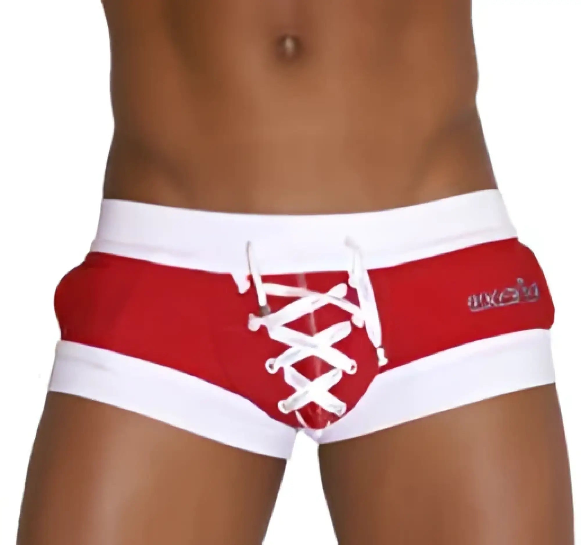 Red and white lace-up swim trunks with branded logo on the side from icker sea legs shoe lace pouch square cut trunk swimwear
