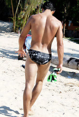 Icker Sea Letters bikini swimwear black cob-15-14 swim trunks with white graffiti lettering and patterned design