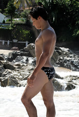 Black icker sea letters bikini swimwear trunks with white pattern designed for swimming and beachwear