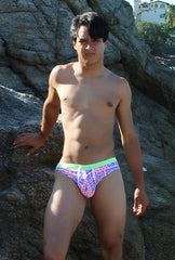 Icker Sea Letters bikini swimwear with brightly colored swim trunks neon green waistband vibrant pink base bold blue lettering