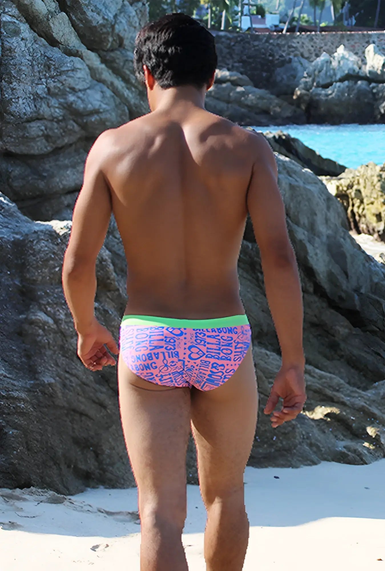 Icker Sea letters bikini swimwear pink and green patterned swim trunks with bright green waistband for beachwear