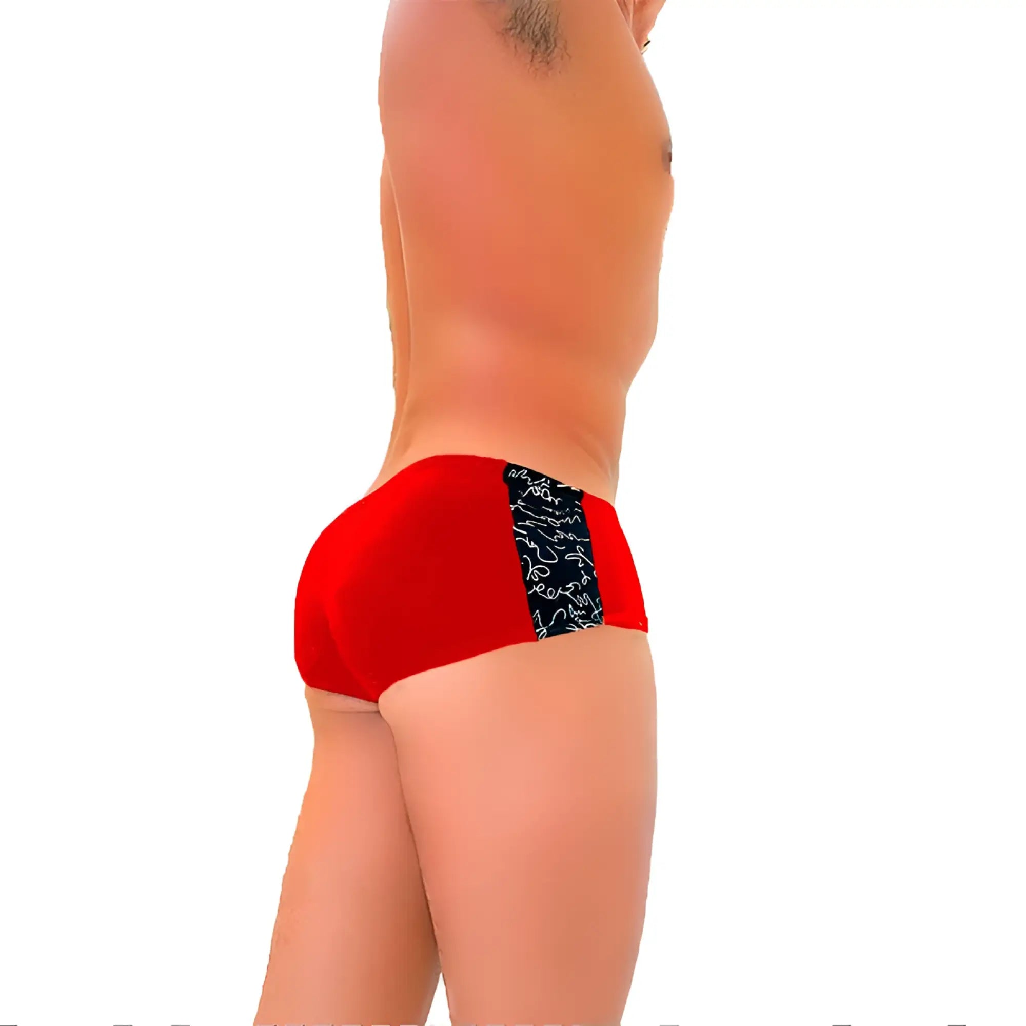 Icker Sea Letters mini boxer brief underwear in red with black side panels featuring white abstract swirls