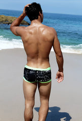 Icker Sea Letters square cut black swim trunks with white math equation pattern and bright green trim