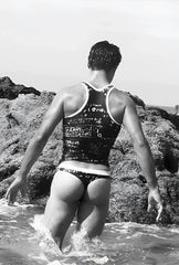 Black and white patterned Icker Sea Letters tank top and briefs featuring mathematical equations and symbols in black blue