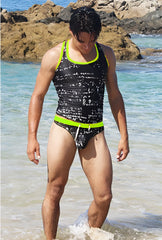 Black and neon green icker sea letters tank top t shirt with swim trunks featuring a math equation print