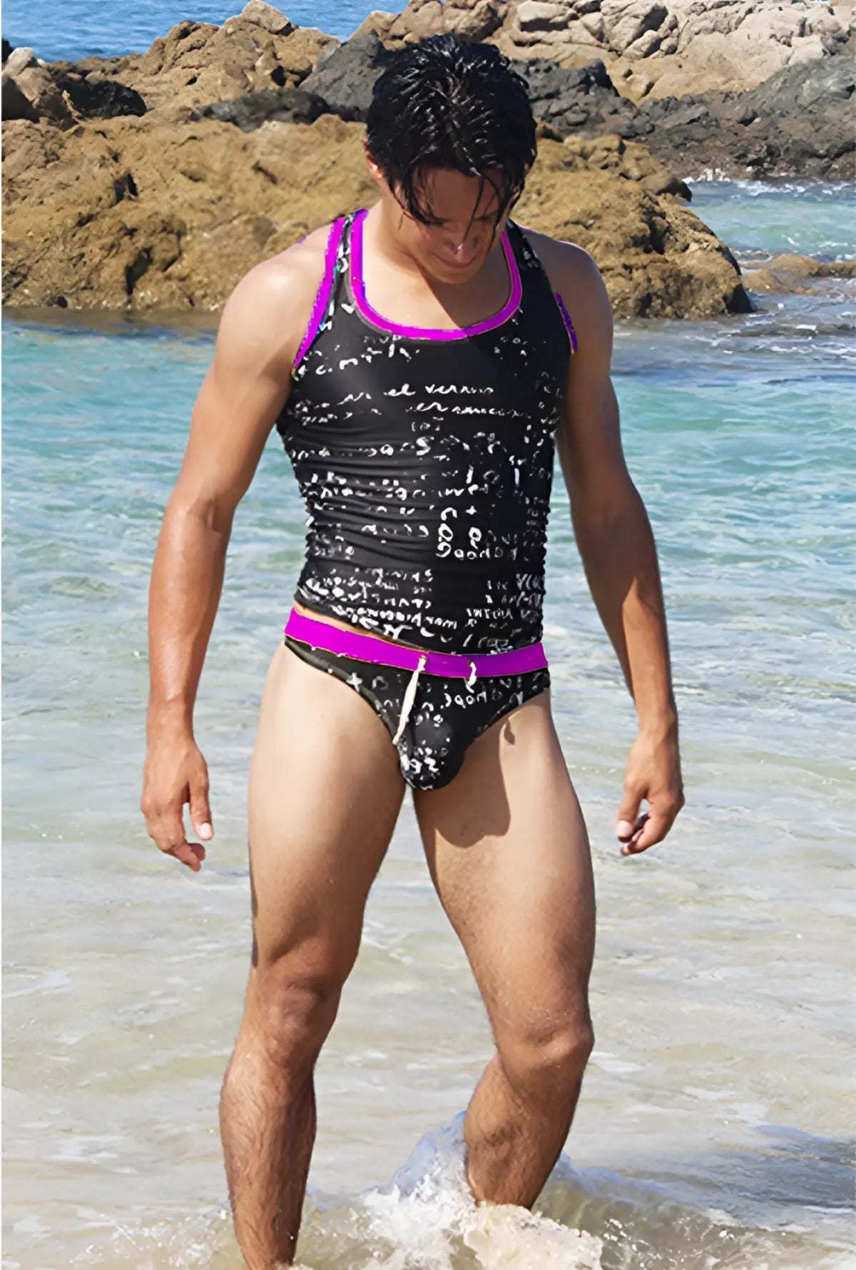 Black and purple icker sea letters tank top t shirt with mathematical equation print swim trunks design
