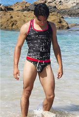 Icker Sea letters tank top black red swimwear set with white math equations and bold red trim on neckline and waistband