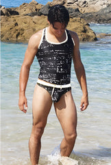 Black and white icker sea letters tank top shirt with math equations print paired with briefs with white waistband