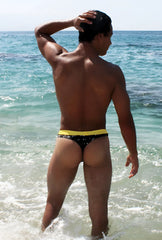 Icker Sea Letters thong swimwear in black with bright yellow waistband designed for beach and pool use