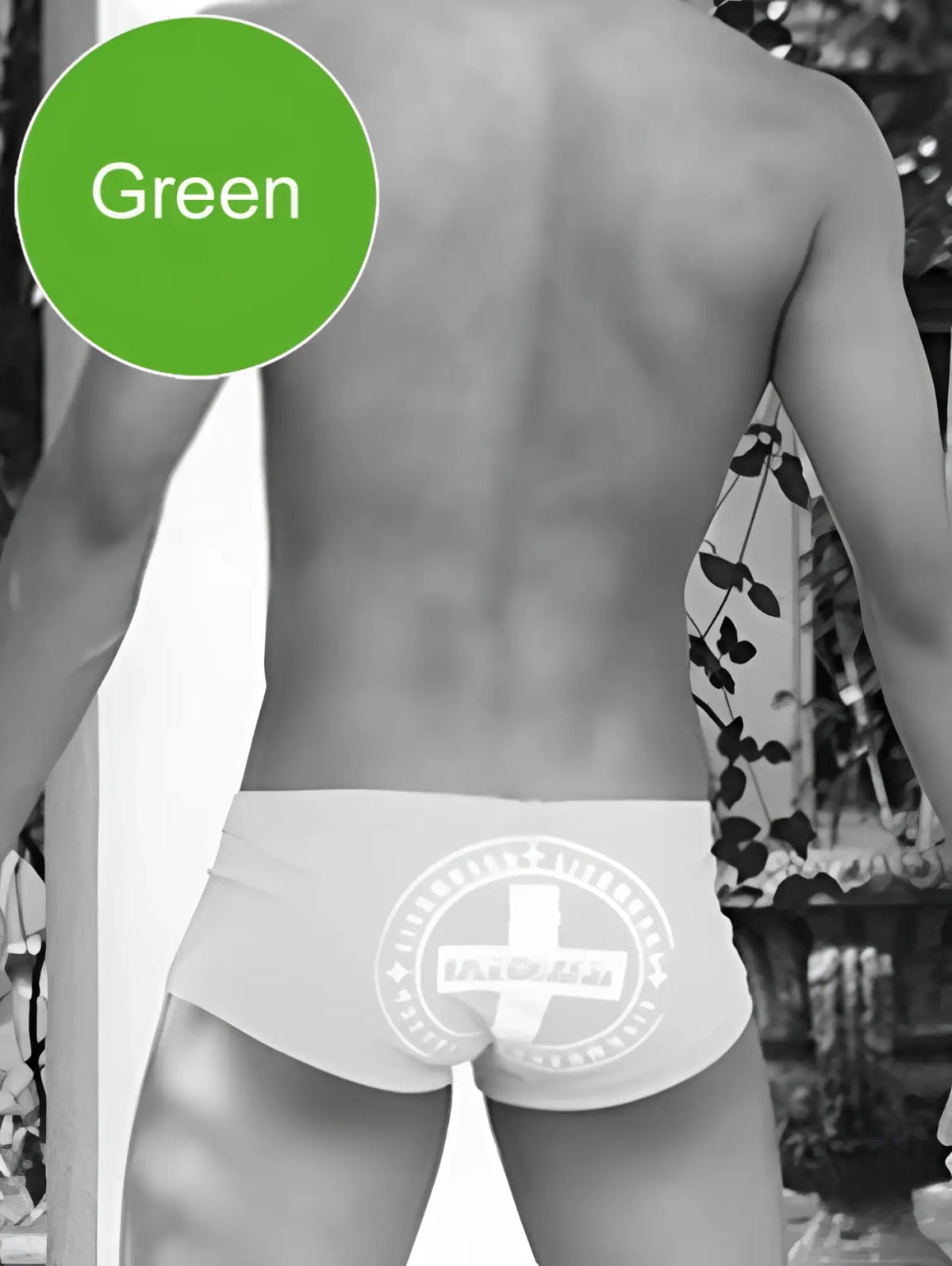 Green icker sea lifeguard brazilian square cut trunk swimwear with white circular cross logo on front