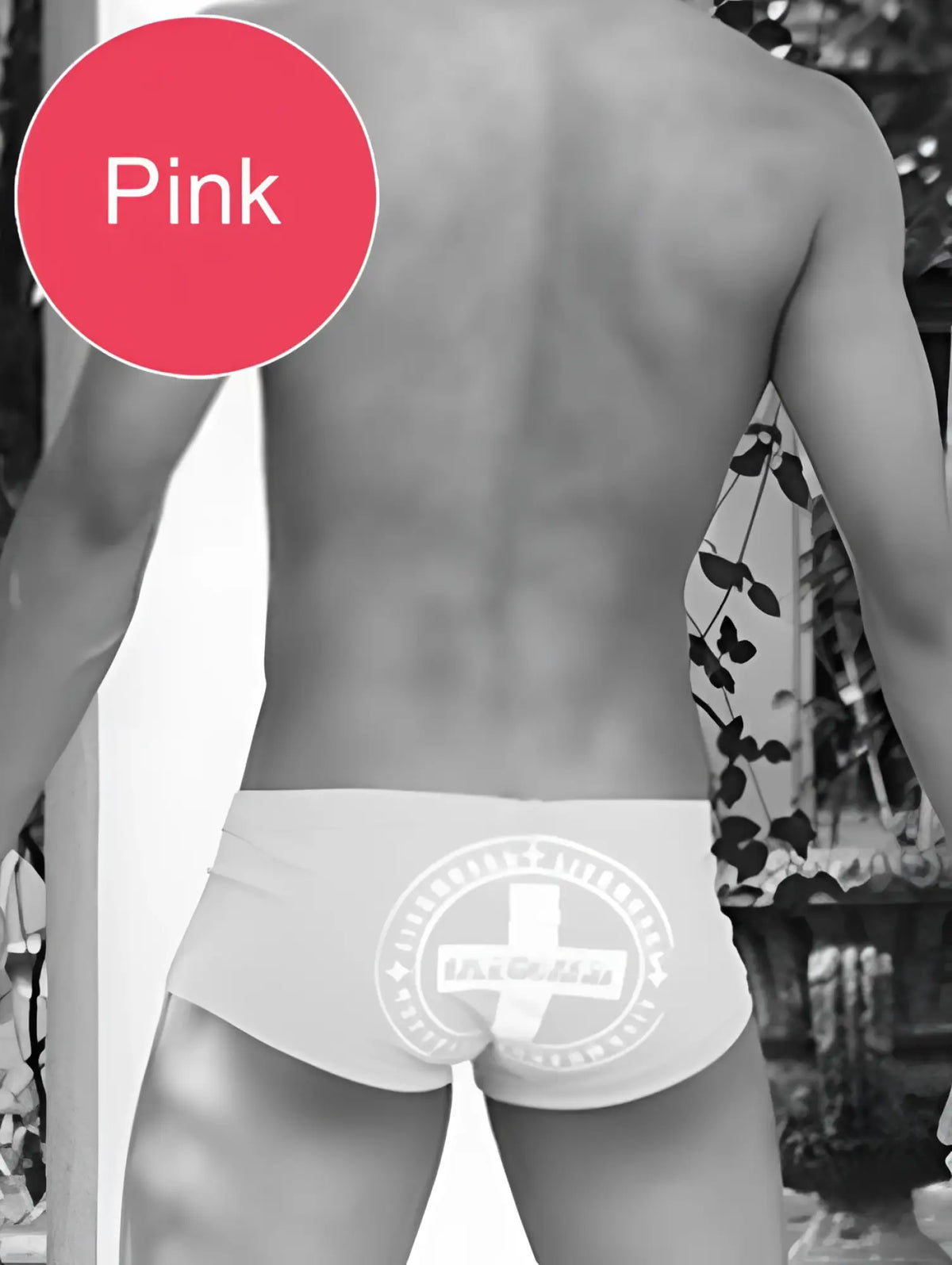 Pink icker sea lifeguard brazilian square cut trunk swimwear with white circular cross logo on front