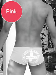 Pink icker sea lifeguard brazilian square cut trunk swimwear with white circular cross logo on front
