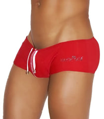 Icker sea lifeguard red brazilian square cut swim trunks with white drawstrings and a silver logo on the side