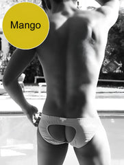 Men’s white mango icker sea lifeguard jock brief swimwear with distinctive cutout design front view