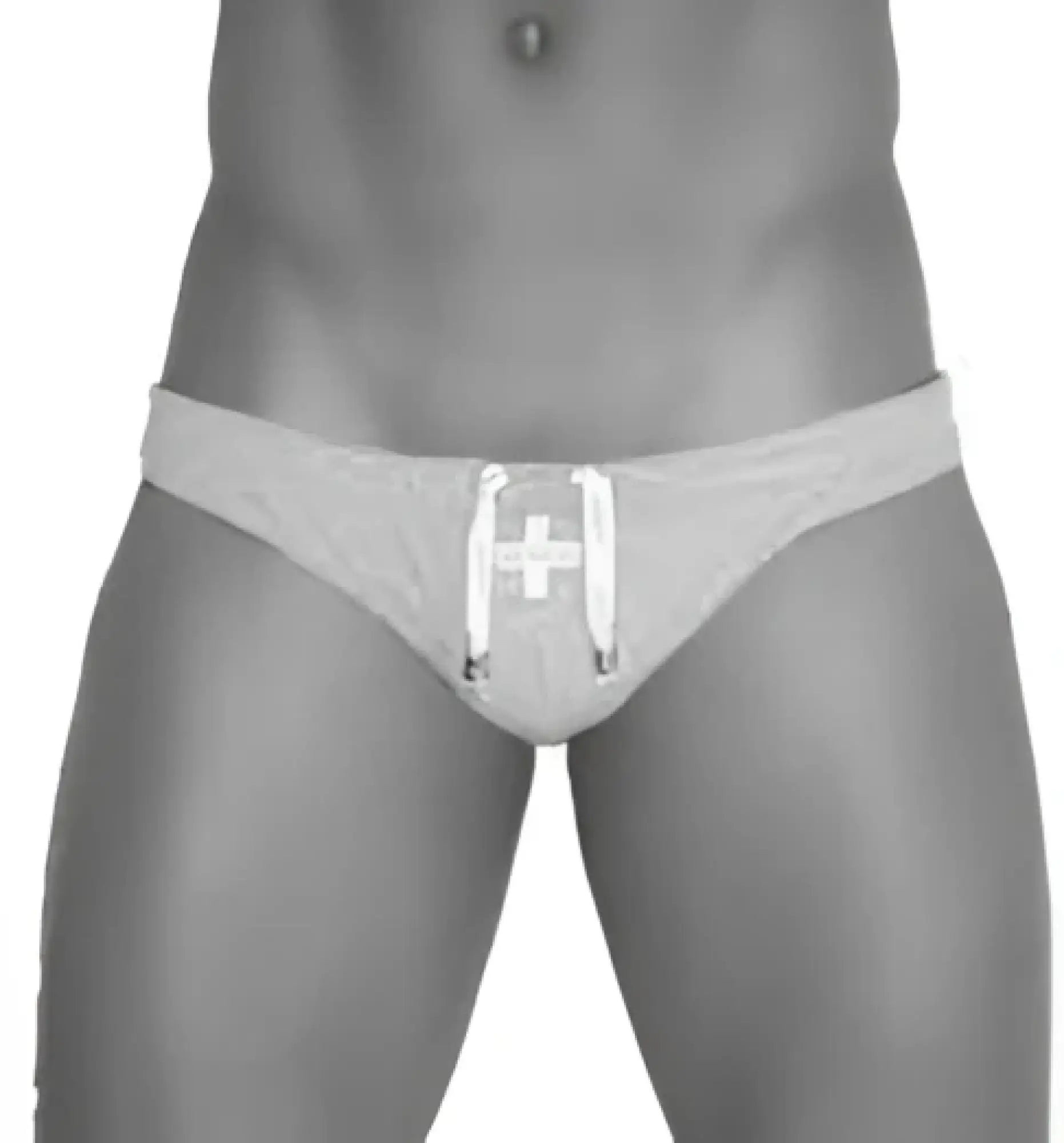 Gray Icker Sea lifeguard jock brief swimwear with white cross emblem and drawstring ties for athletic use