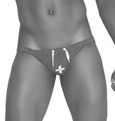 Black swim trunks with white drawstring and cross emblem from icker sea lifeguard micro slip bikini swimwear green cob 13 10