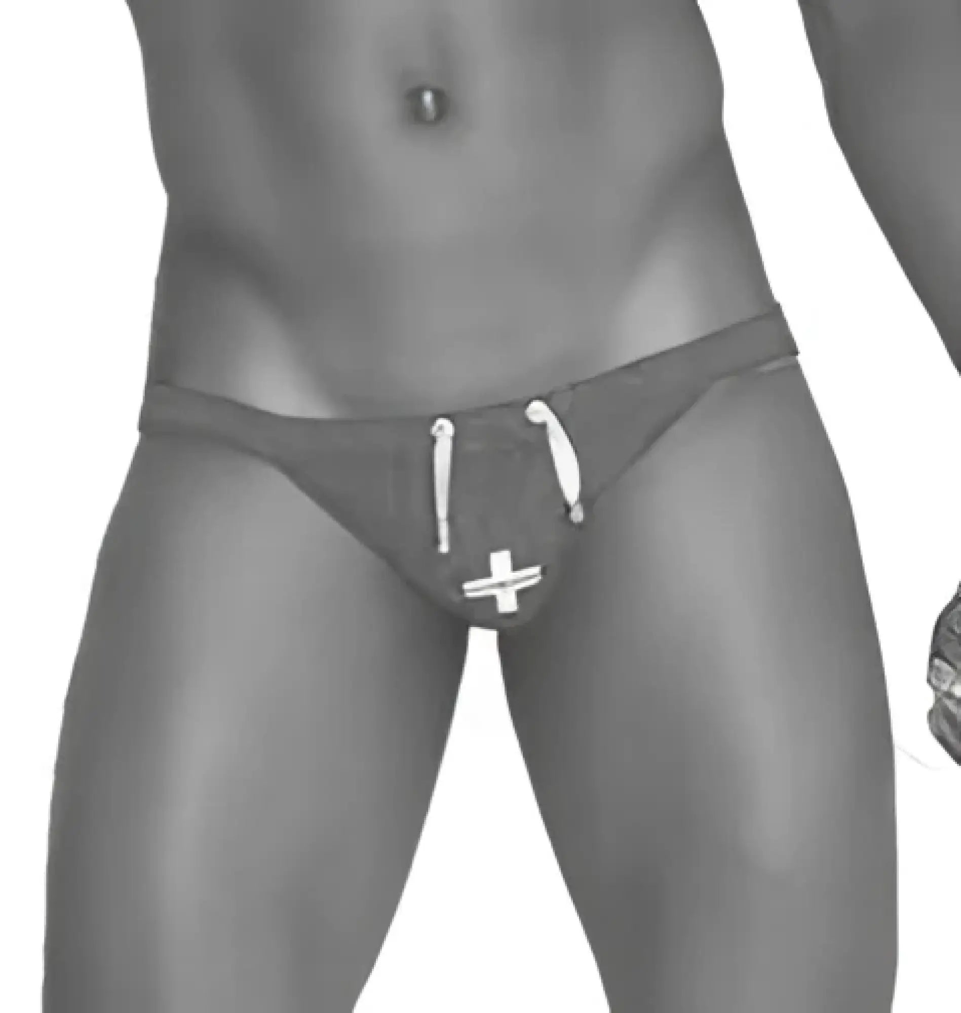 Black lifeguard micro slip bikini swimwear with white drawstring and cross emblem by Icker Sea mango COB-13-10