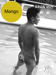 Mango brand swim trunks with white and black logo design featured in icker sea lifeguard micro slip bikini swimwear cob-13-10
