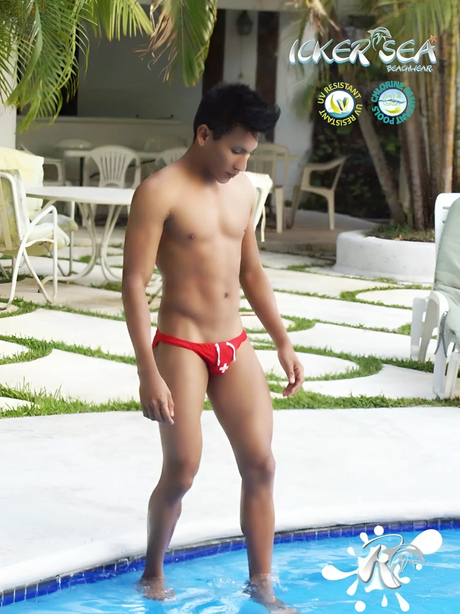 Red icker sea lifeguard micro slip bikini swimwear featuring white cross design on red swim trunks front side view