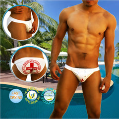 White icker sea lifeguard micro slip bikini swim trunks with red cross emblem and drawstring closure