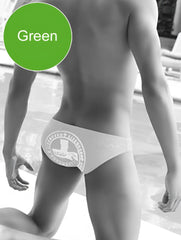 Green swim trunks with a white circular logo featuring a stylized figure and text in icker sea lifeguard slip bikini swimwear
