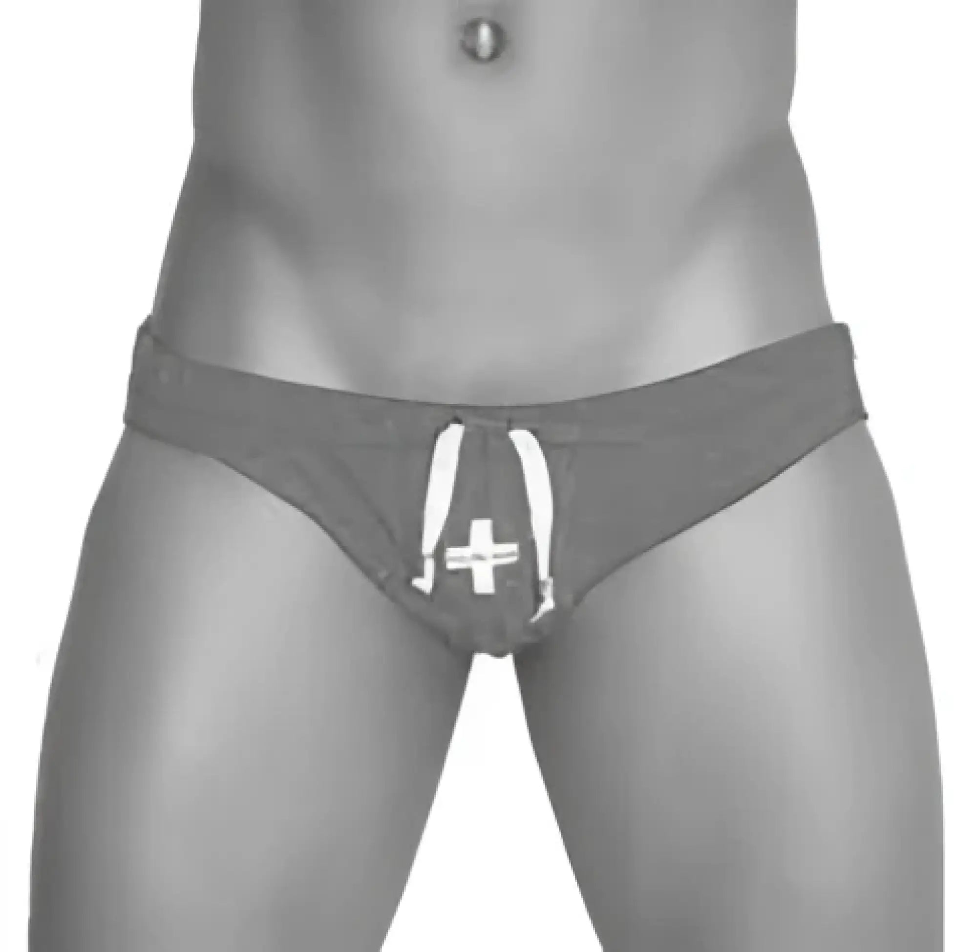 Gray Icker Sea lifeguard slip bikini swimwear with white drawstring and cross emblem for athletic use