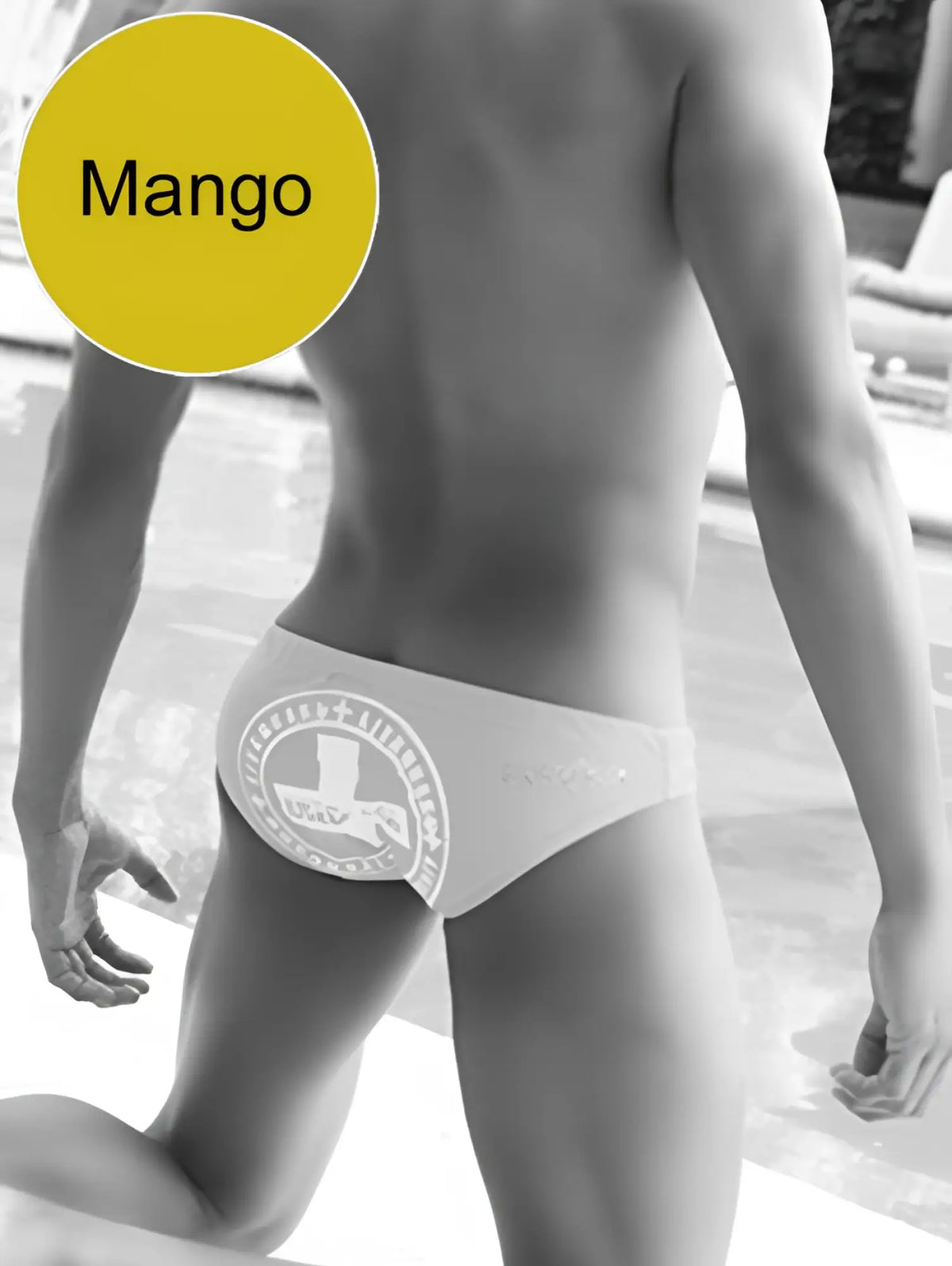 White men’s swim trunks with a circular lifeguard logo in mango for beachwear by icker sea lifeguard slip bikini swimwear