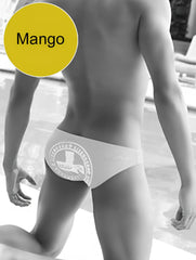 White men’s swim trunks with a circular lifeguard logo in mango for beachwear by icker sea lifeguard slip bikini swimwear
