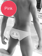 Icker Sea lifeguard slip bikini swimwear pink swim trunks with circular logo design for beach and pool use