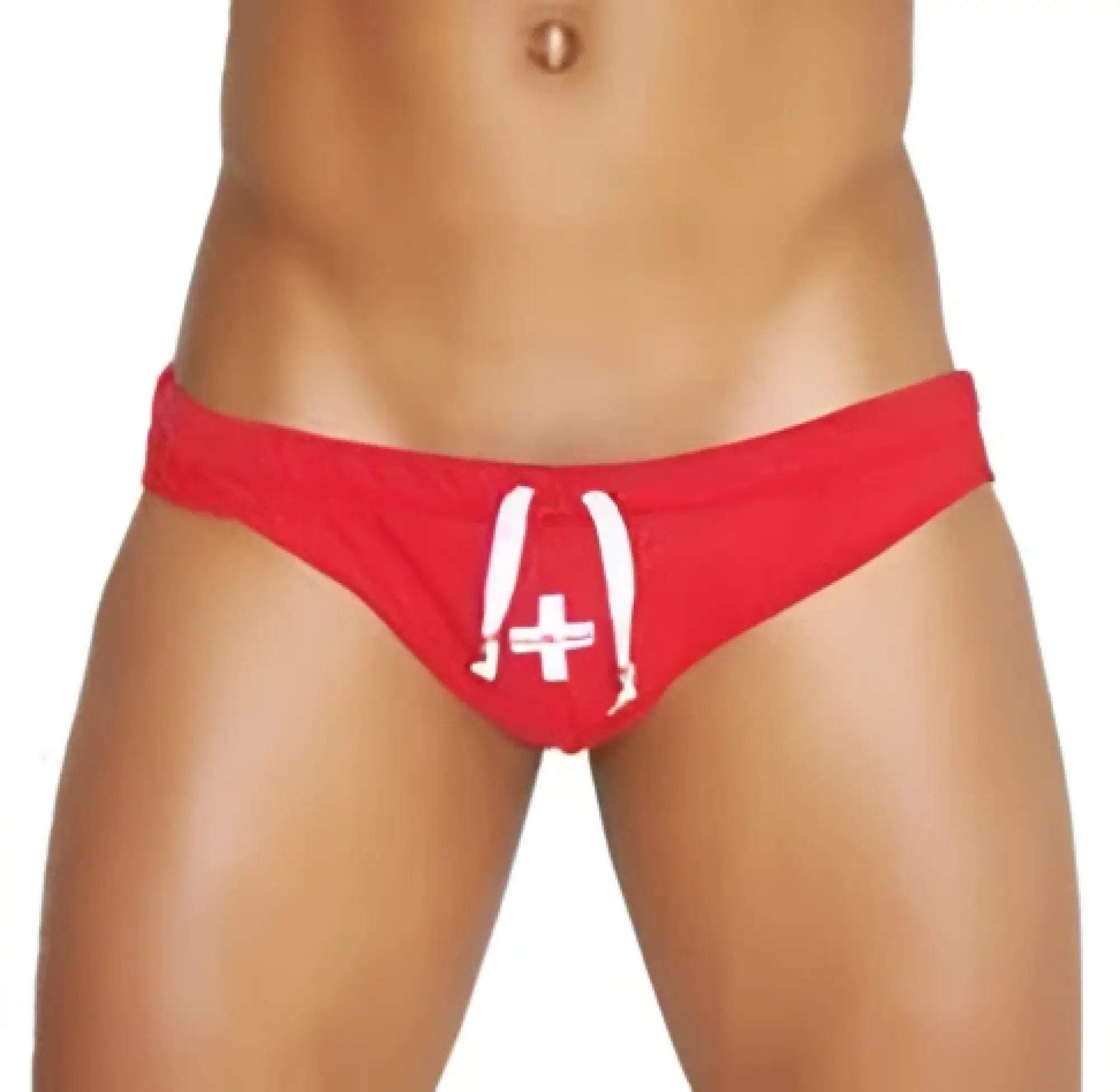 Red swiss flag-themed briefs with white cross and drawstring from icker sea lifeguard slip bikini swimwear red cob-13-23