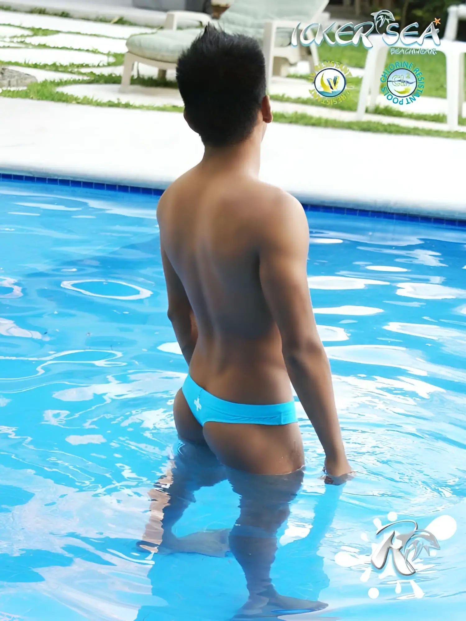 Bright blue icker sea lifeguard stitching tanga thong swimwear with a white star emblem front view