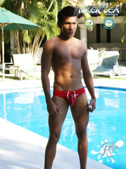 Icker sea lifeguard stitching tanga thong swimwear red with white drawstrings and small front logo