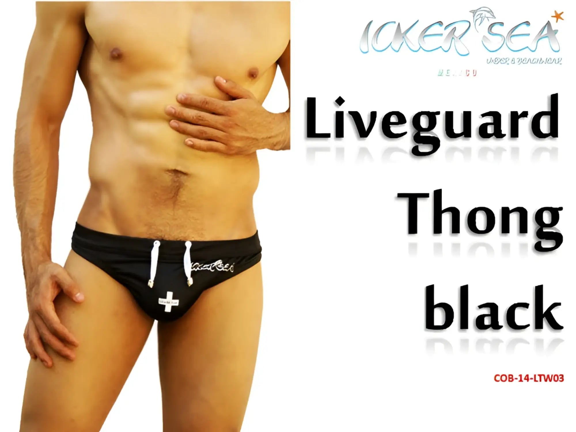 Icker Sea lifeguard tanga thong swimwear in black with white drawstrings and a white cross emblem front view