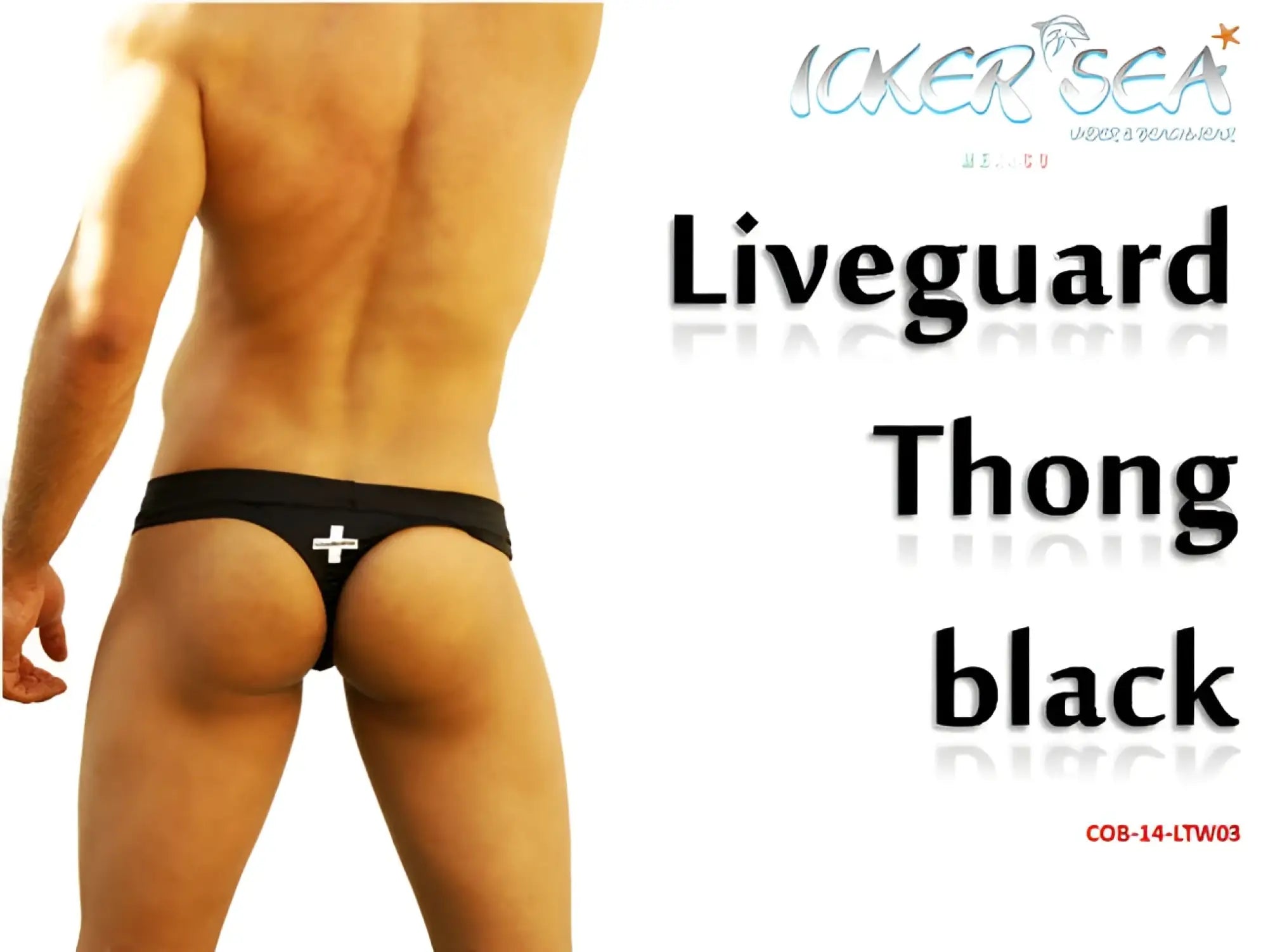 Black icker sea lifeguard tanga thong swimwear with white cross emblem showing back side design