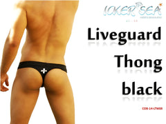 Black icker sea lifeguard tanga thong swimwear with white cross emblem showing back side design