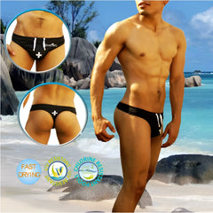 Icker Sea Lifeguard tanga thong swimwear black with white drawstrings and cross emblem in swim trunks style