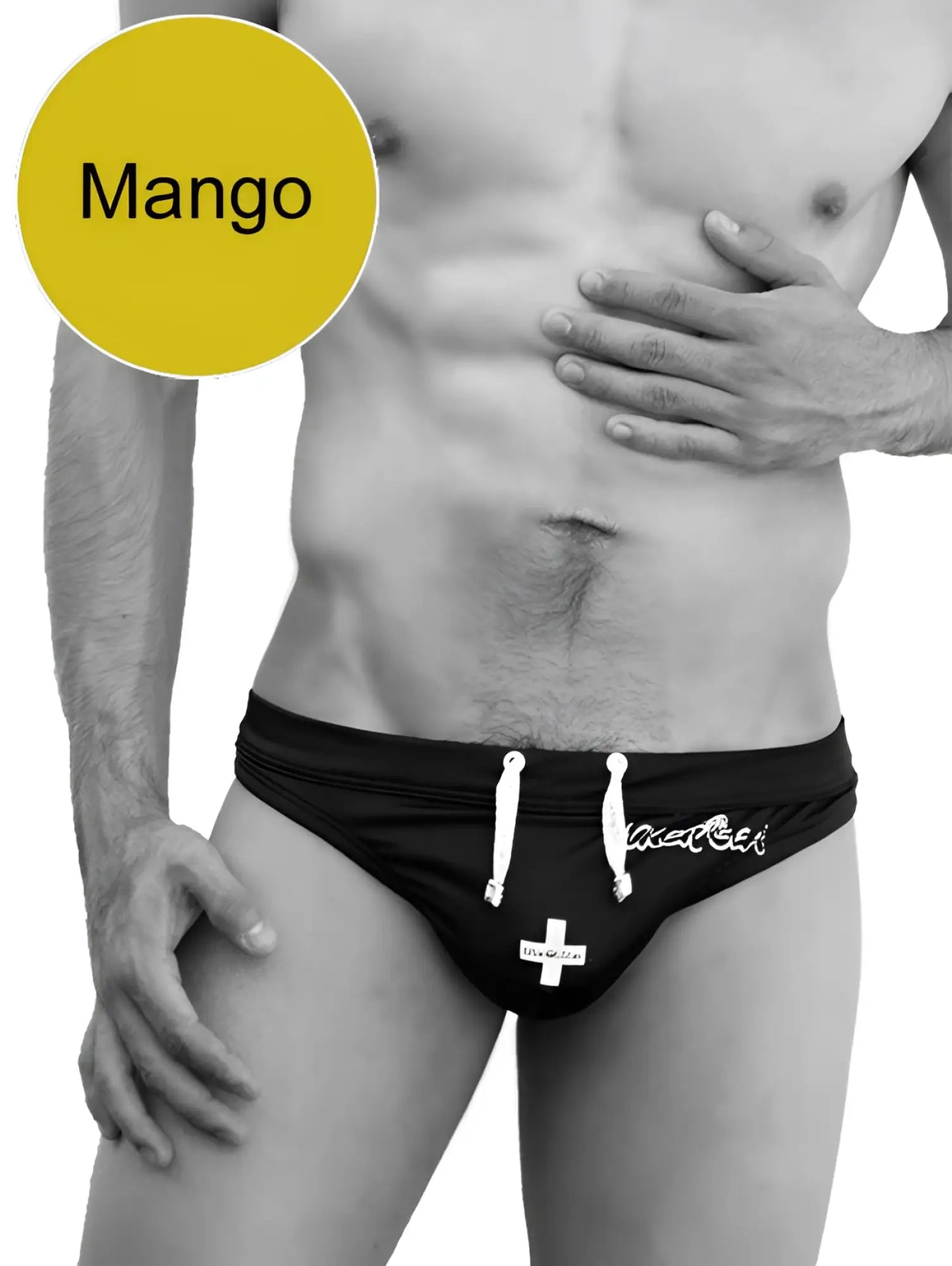 Black icker sea lifeguard tanga thong swimwear with white drawstrings and cross emblem for beach use