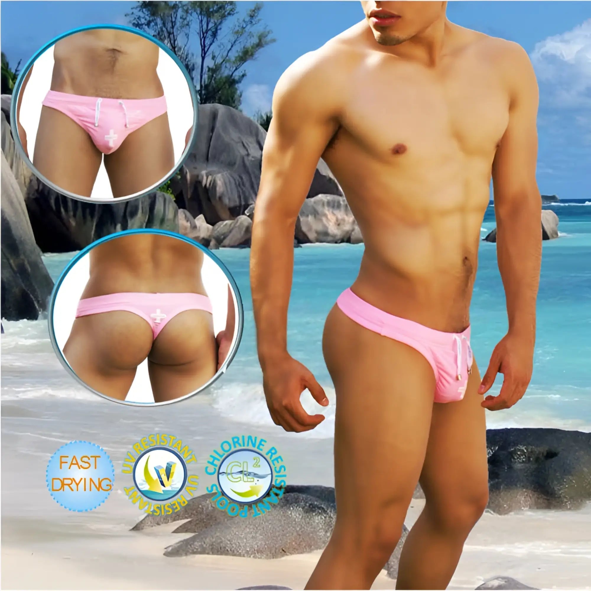 Icker Sea Lifeguard Tanga thong swimwear pink with drawstring waistband and white cross design on front