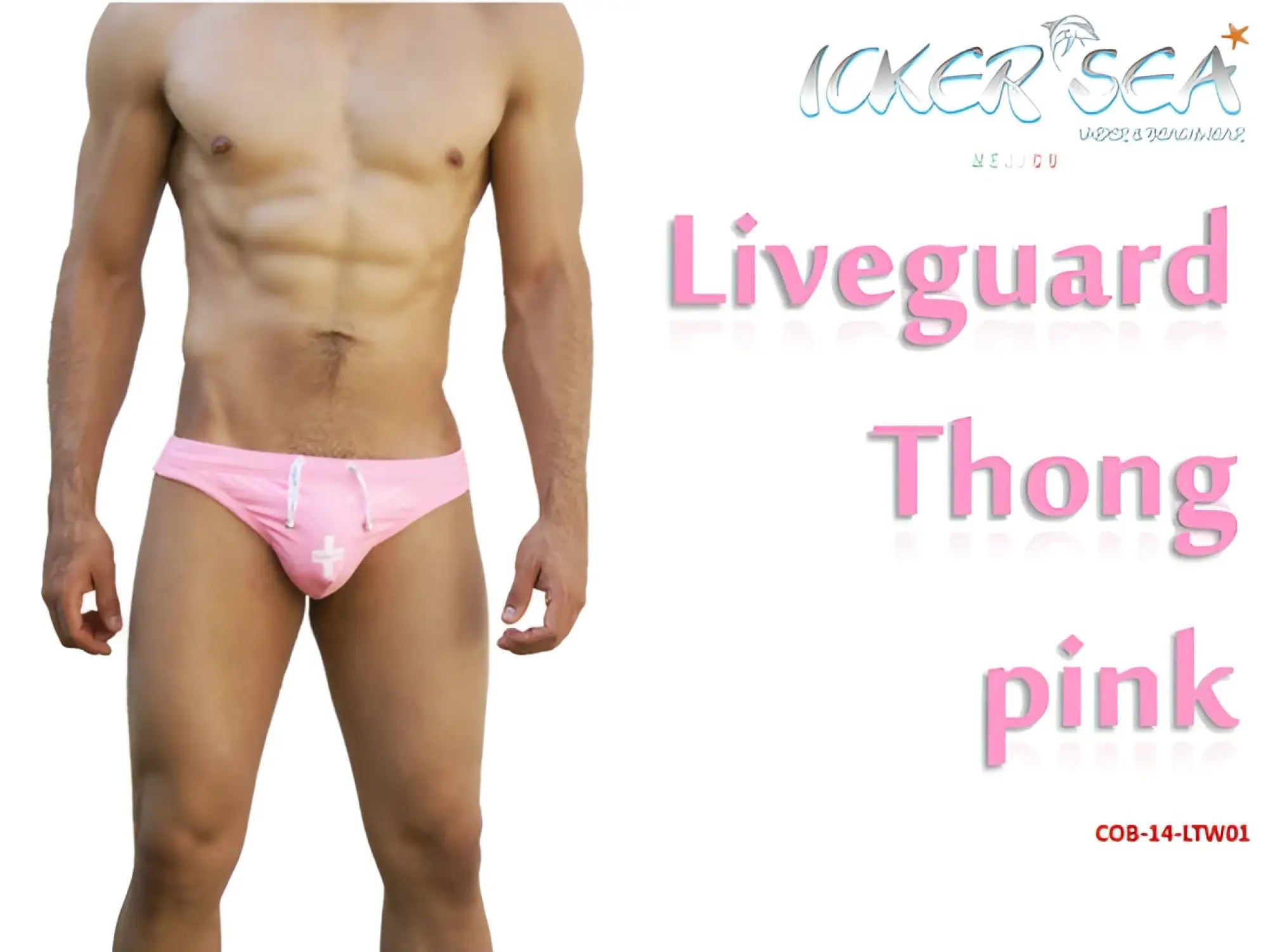 Icker Sea lifeguard tanga thong swimwear in pink with white drawstring and cross detail for beachwear use