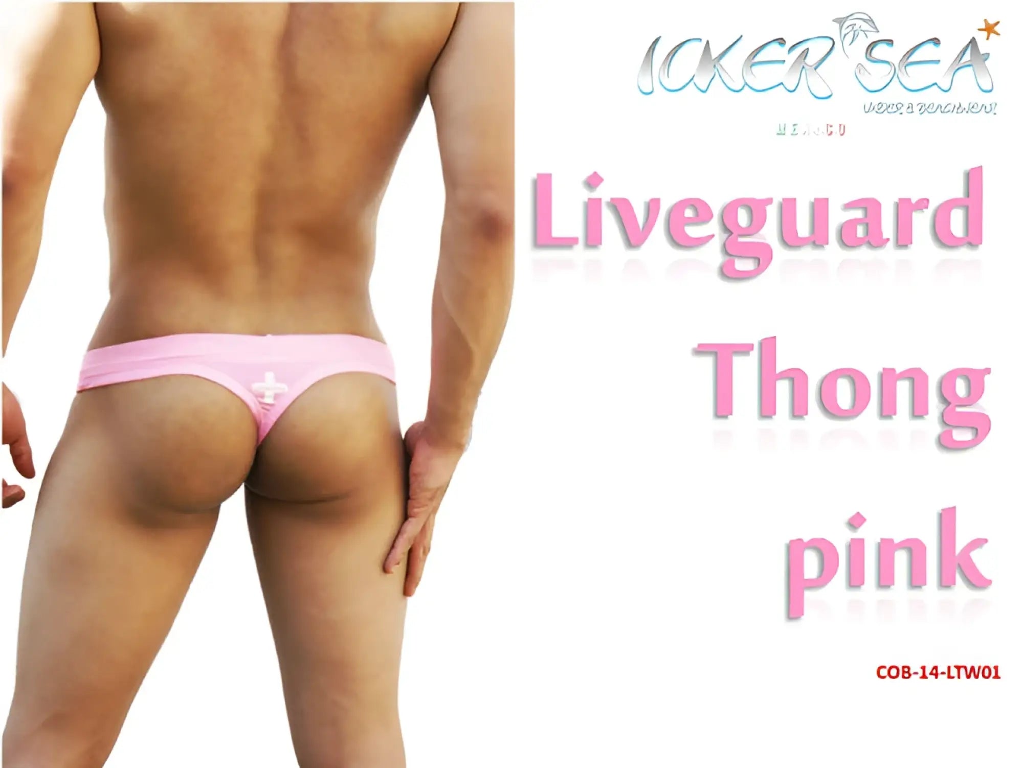 Pink icker sea lifeguard tanga thong swimwear showing back with small white cross design on pink fabric