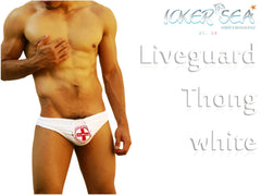 White thong swim trunks with red cross emblem and liveguard text designed for lifeguard use by icker sea