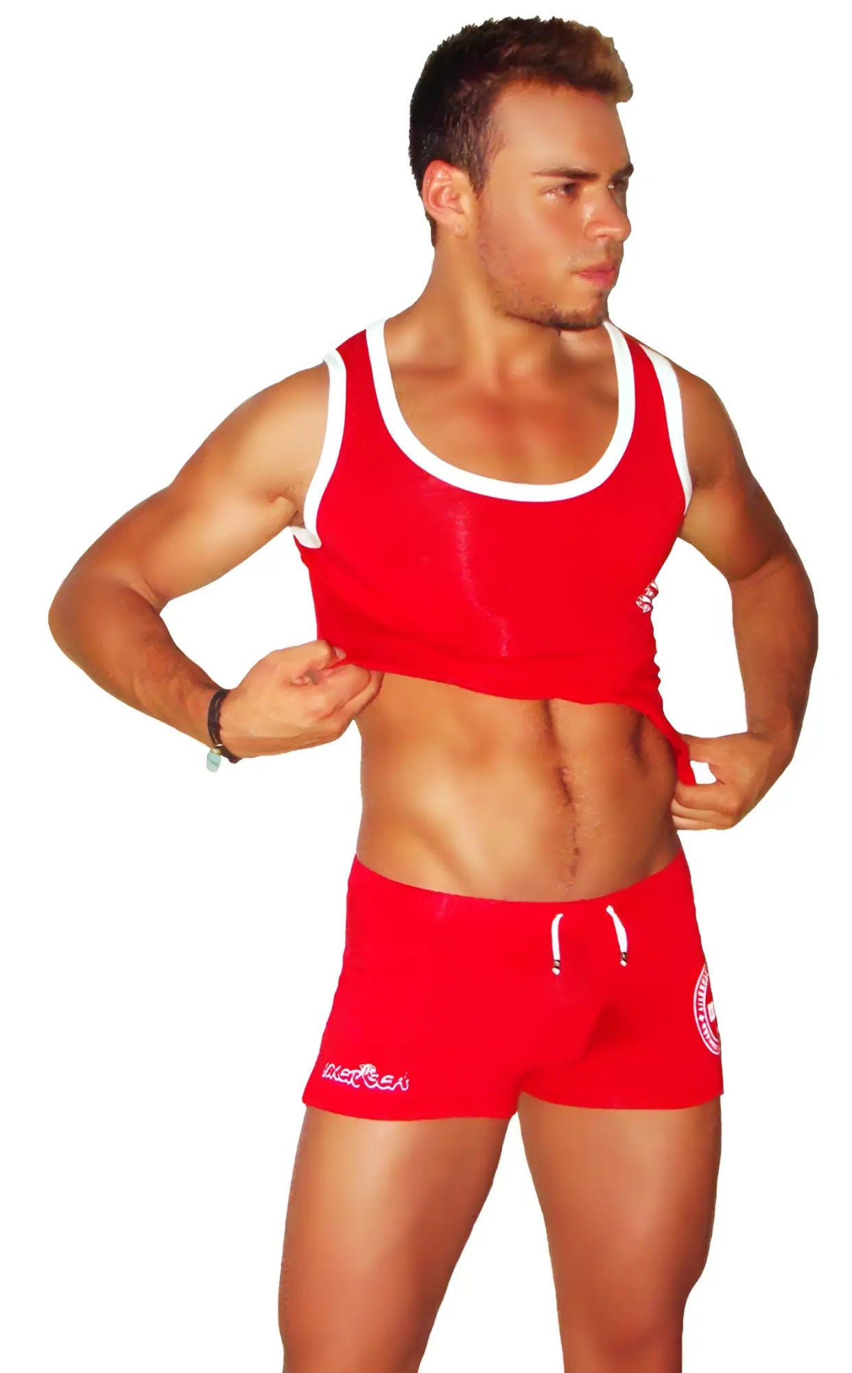 Red icker sea lifeguard tank top with white trim and small logo on left chest ideal for athletic use