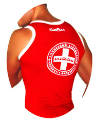 Red sleeveless tank top with white trim and circular life saver emblem on the back by icker sea lifeguard