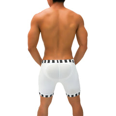White athletic shorts with black and white striped trim and padded back panel from icker sea lines candy stripe trim shorts and jock brief underwear black shr-21-01