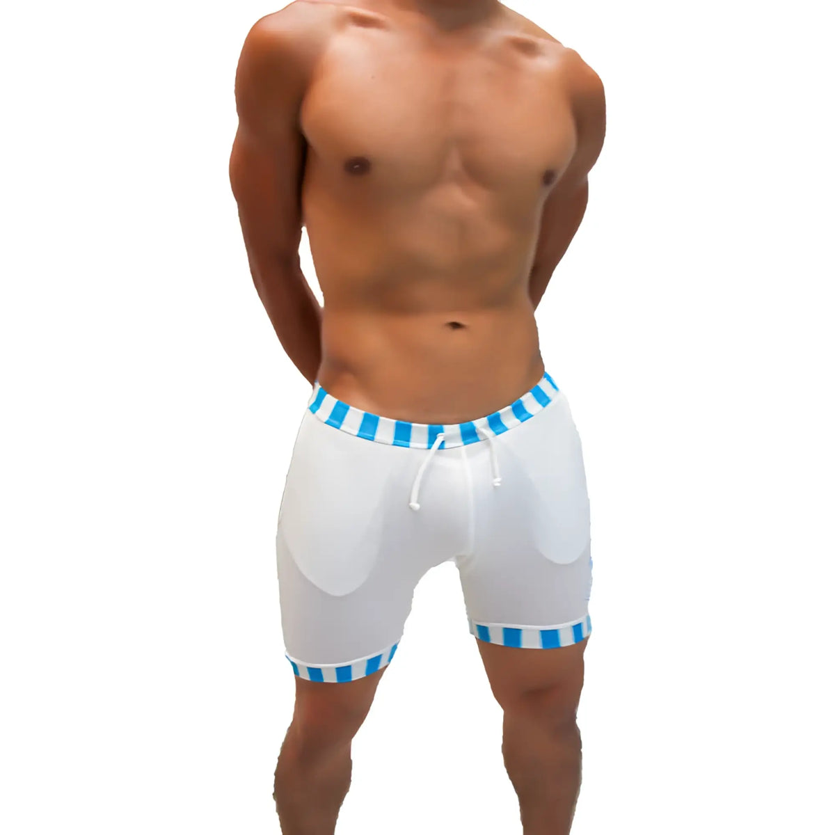 White athletic shorts with blue and white striped trim at waistband and hem and drawstring closure by icker sea lines