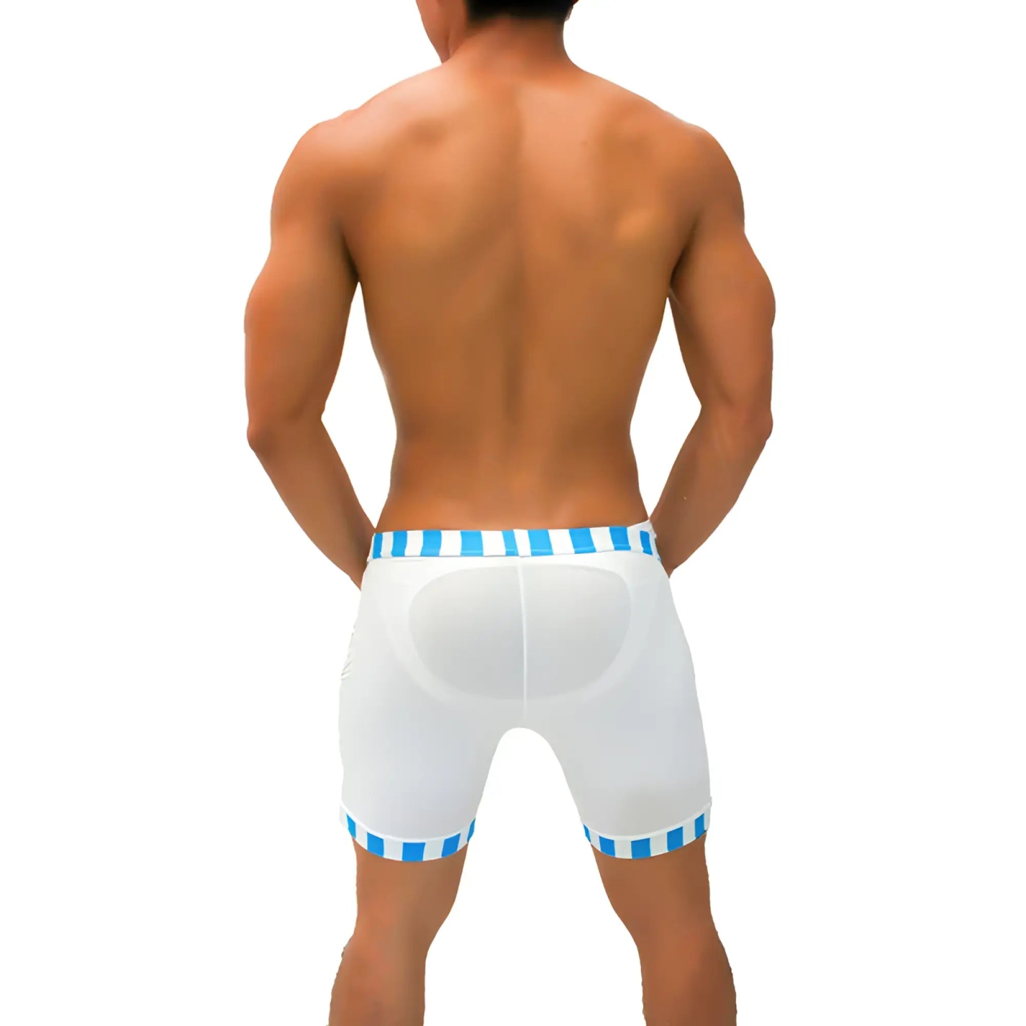 White athletic shorts with blue and white striped elastic waistband and hem featuring a padded back panel view