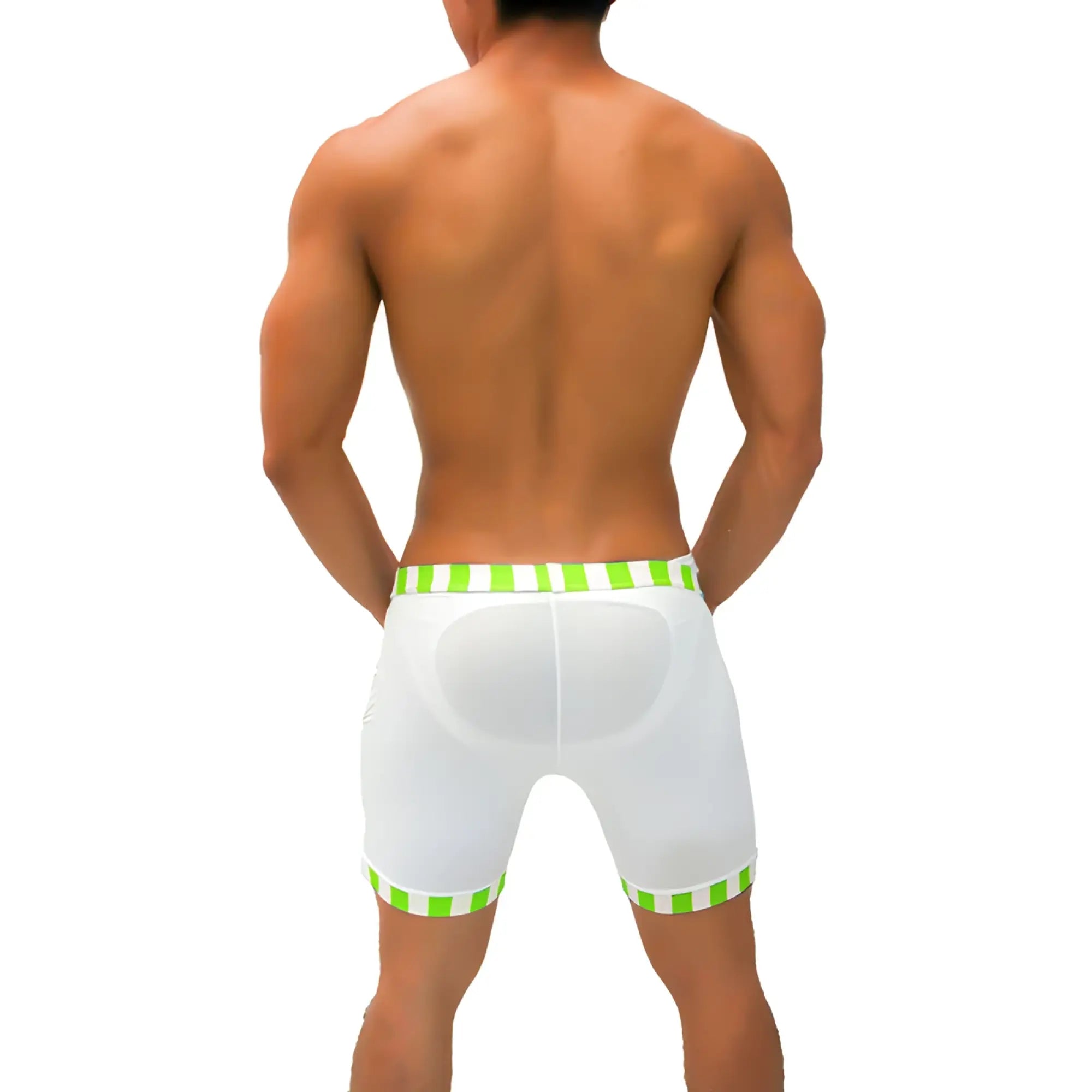 White athletic shorts with lime green and white striped trim translucent mesh and padded back panel from icker sea