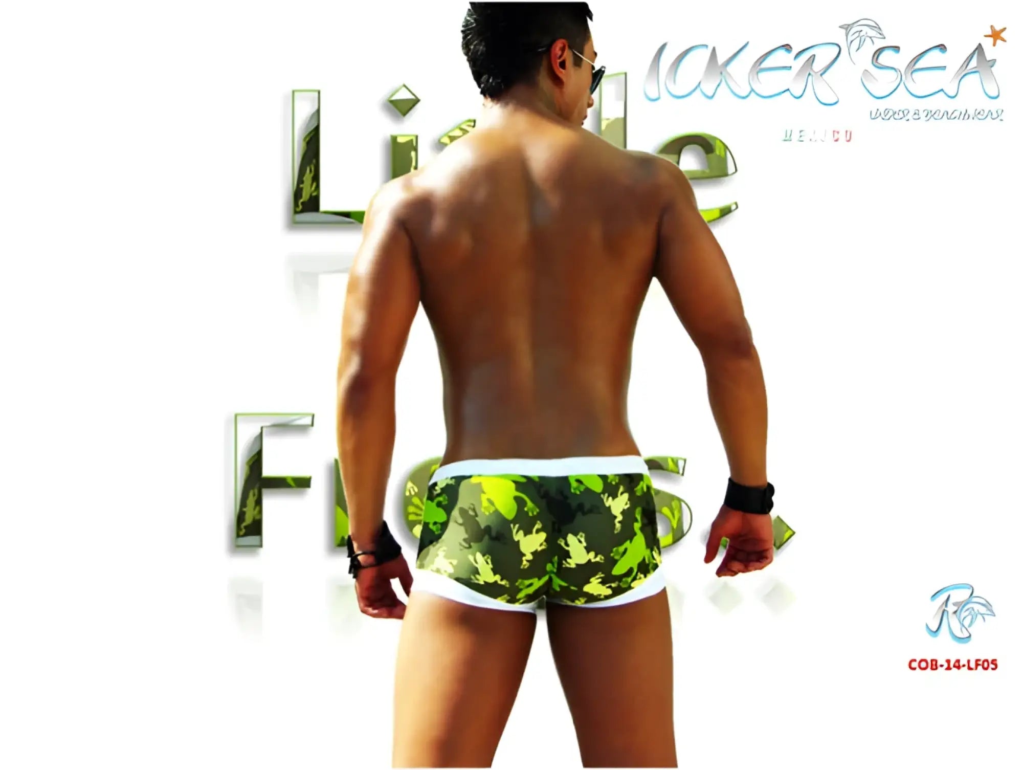 Icker Sea little frogs low square cut swim trunks in green camouflage with white trim for swimwear use